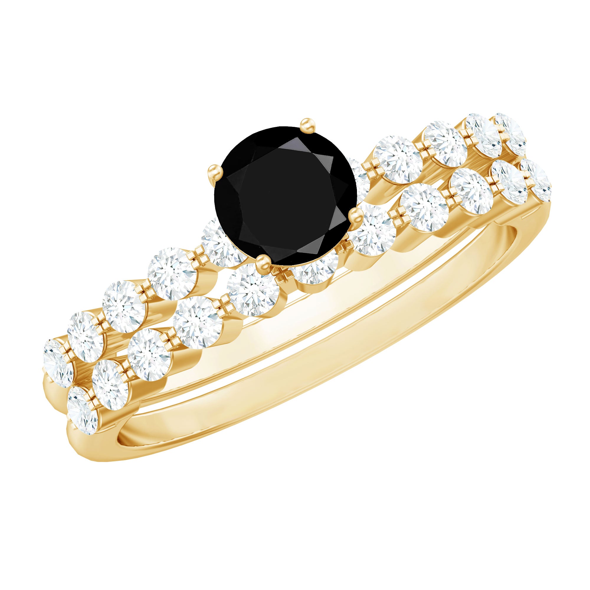 Rosec Jewels-Round Cut Black Onyx and Diamond Stacking Wedding Ring Set
