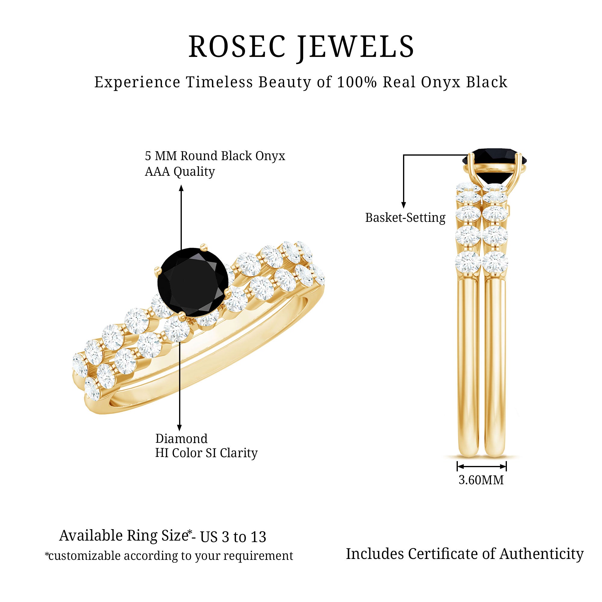 Rosec Jewels-Round Cut Black Onyx and Diamond Stacking Wedding Ring Set