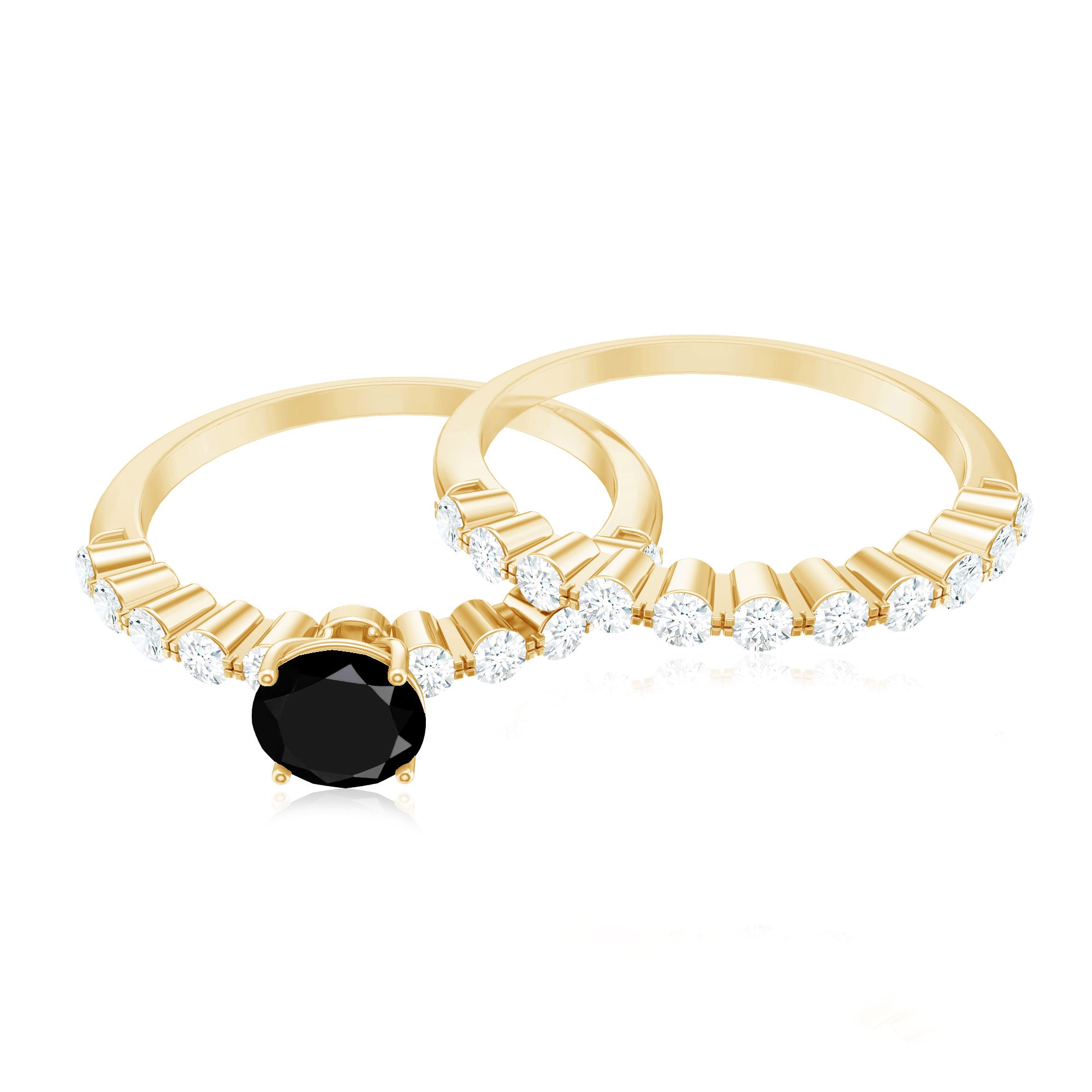 Rosec Jewels-Round Cut Black Onyx and Diamond Stacking Wedding Ring Set