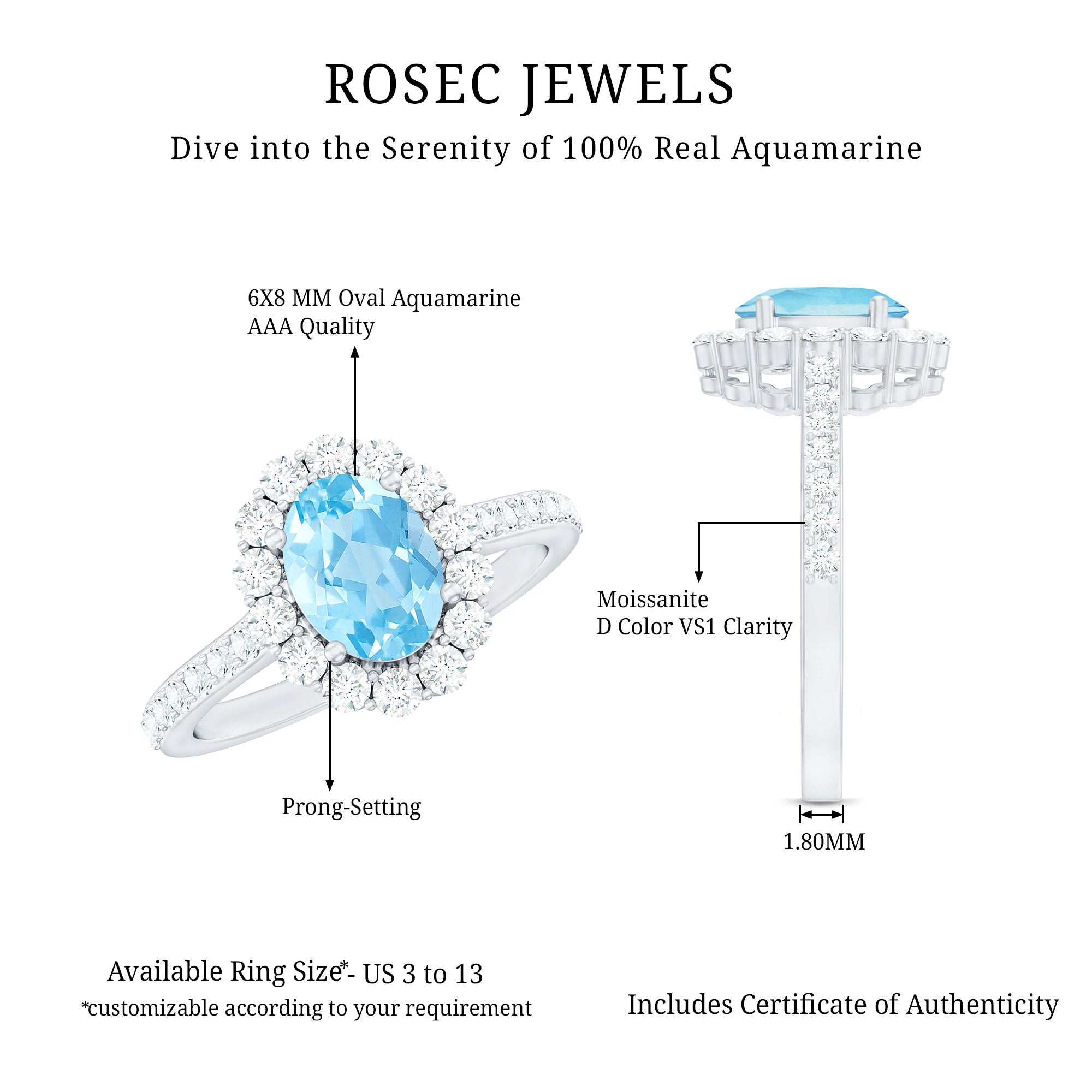 Rosec Jewels-Real 1 Carat Oval Shape Aquamarine Halo Engagement Ring with Certificate