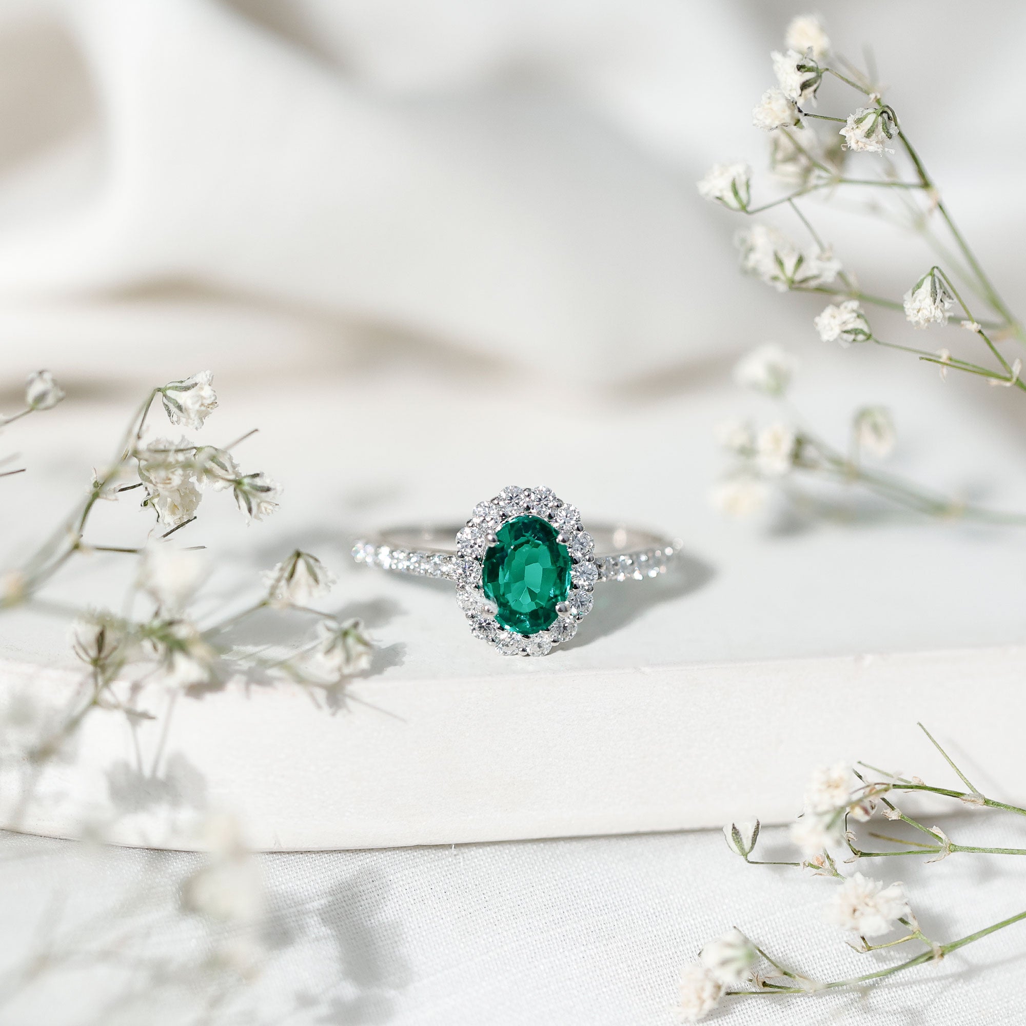 Certified 6X8 mm Oval Lab Grown Emerald Halo Engagement Ring AAAA - Rosec Jewels