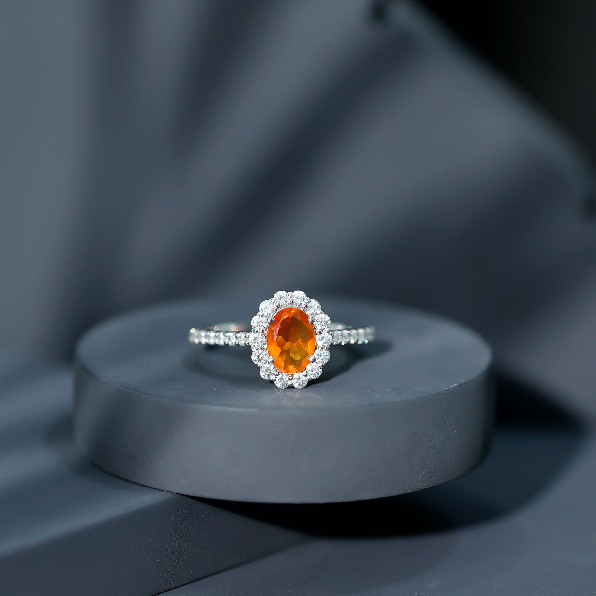 Rosec Jewels-Orange Fire Opal Oval Shape Engagement Ring with Moissanite