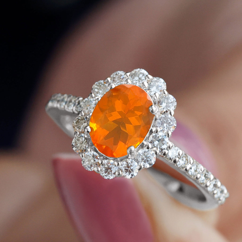 2.25 CT Oval Shape Solitaire Fire Opal and Moissanite Accent Engagement Ring Fire Opal - ( AAA ) - Quality - Rosec Jewels