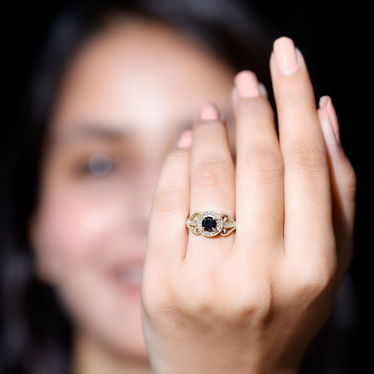 Vintage Inspired Black Spinel and Diamond Engagement Ring AAA - Rosec Jewels