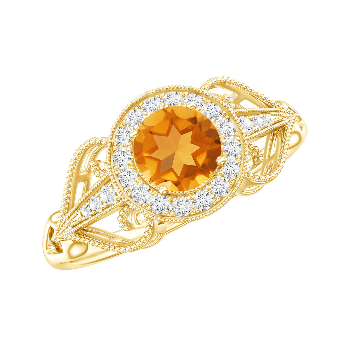Vintage Style Citrine Engagement Ring with Diamond Halo AAA - Rosec Jewels