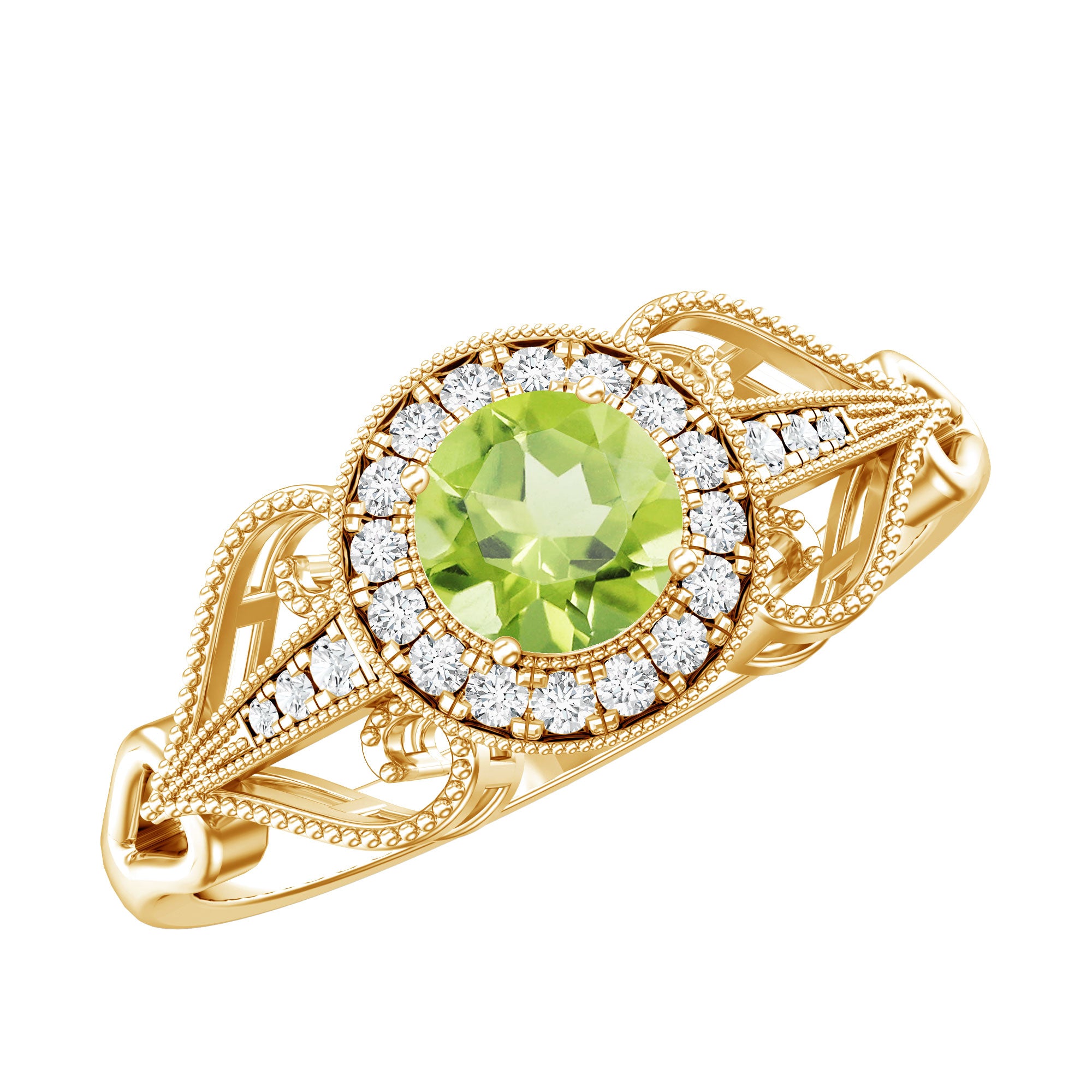 Vintage Inspired 0.5 Carat Peridot Engagement Ring with Diamond Halo AAA - Rosec Jewels