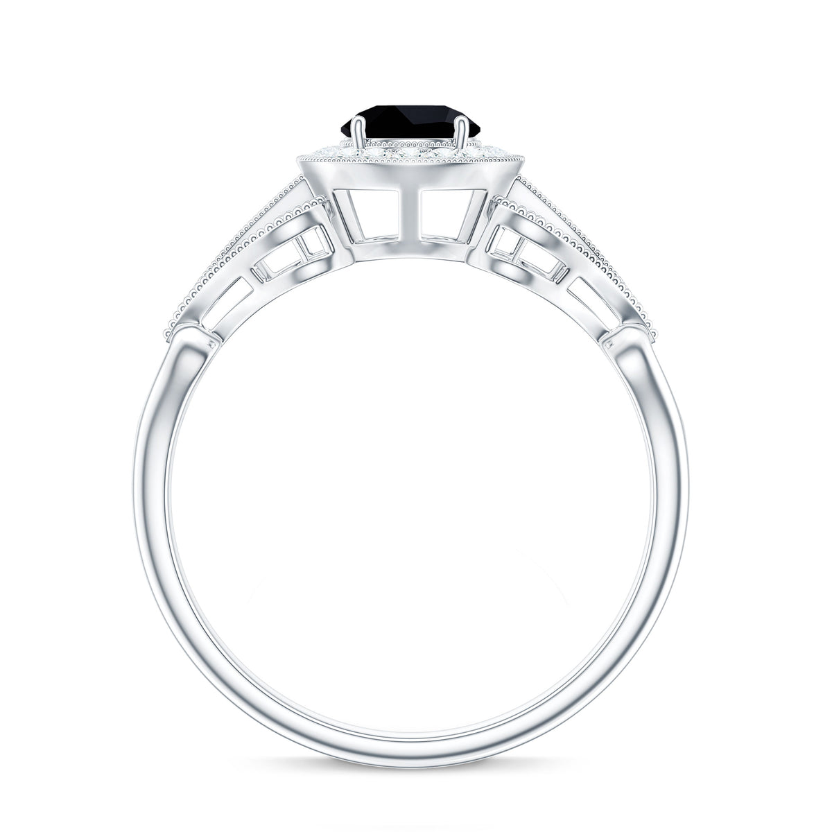 0.4 Carat Round Black Onyx Vintage Engagement Ring with Diamond Halo AAA - Rosec Jewels