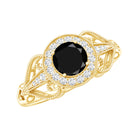 0.4 Carat Round Black Onyx Vintage Engagement Ring with Diamond Halo AAA - Rosec Jewels