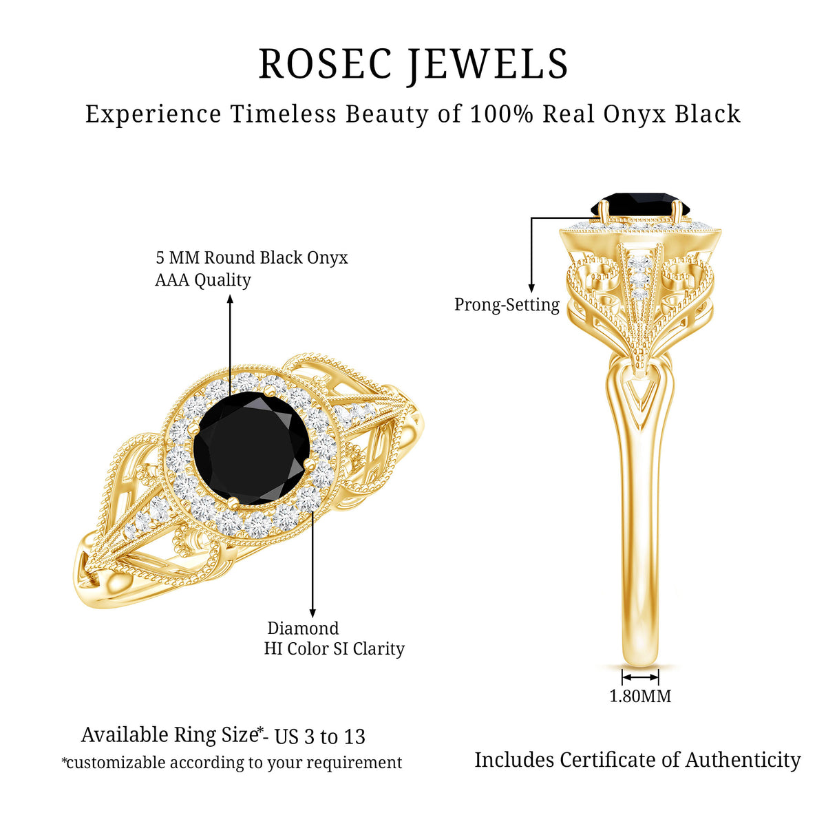 0.4 Carat Round Black Onyx Vintage Engagement Ring with Diamond Halo AAA - Rosec Jewels
