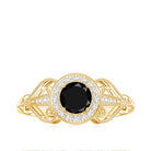 0.4 Carat Round Black Onyx Vintage Engagement Ring with Diamond Halo AAA - Rosec Jewels