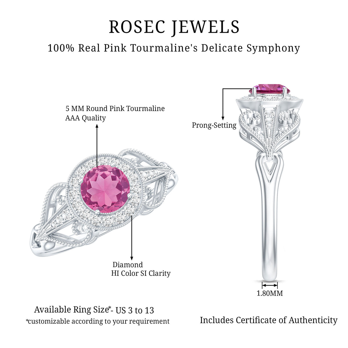 Vintage Pink Tourmaline Diamond Engagement Ring with Halo AAA - Rosec Jewels