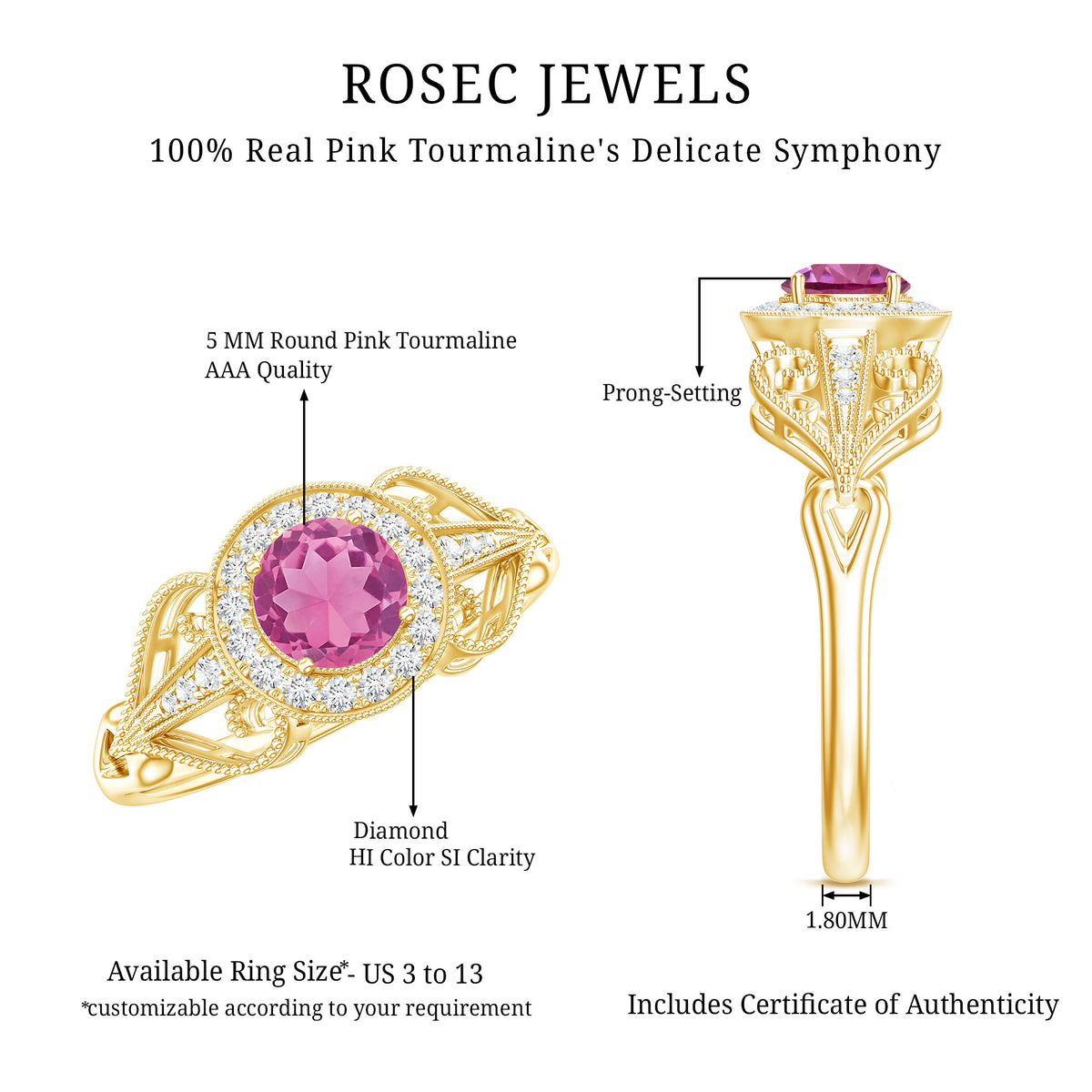 Vintage Pink Tourmaline Diamond Engagement Ring with Halo AAA - Rosec Jewels
