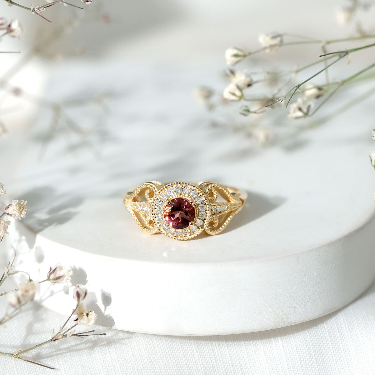 Vintage Pink Tourmaline Diamond Engagement Ring with Halo AAA - Rosec Jewels