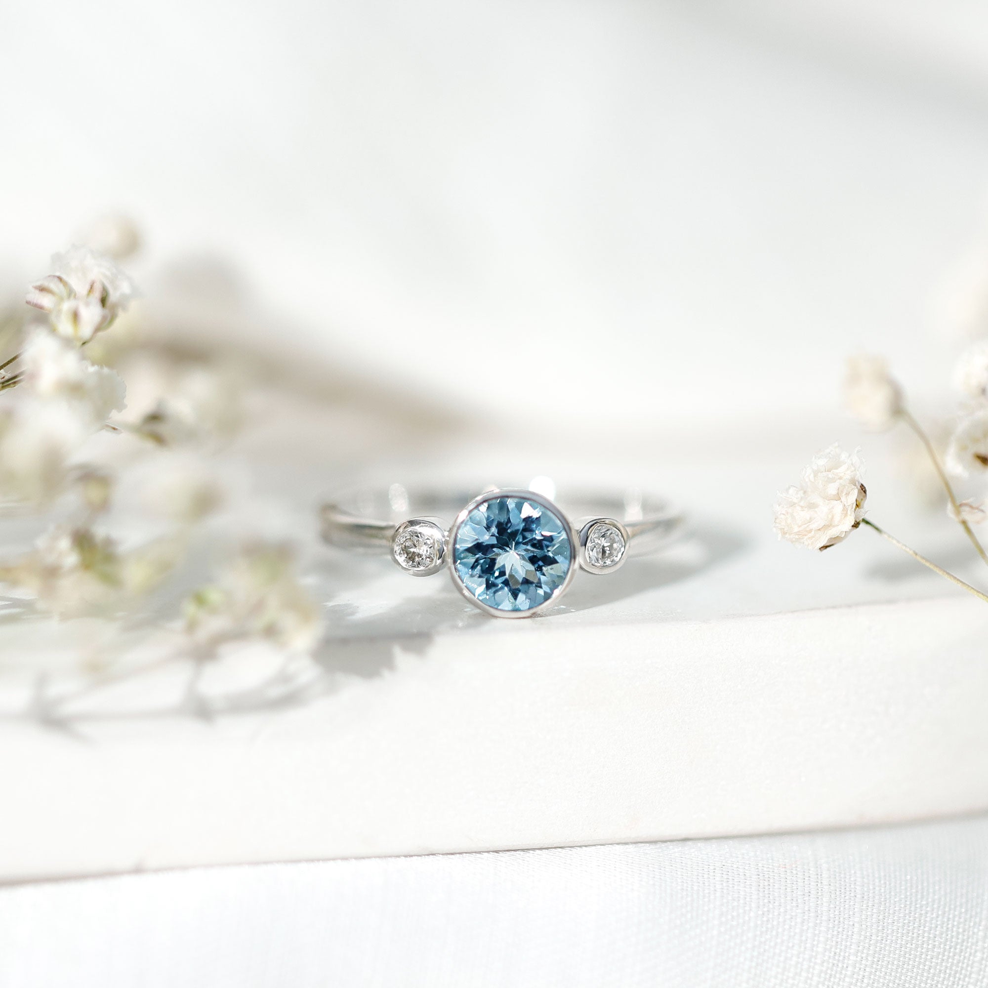 Bezel Set Aquamarine Solitaire Engagement Ring with Diamond AAA - Rosec Jewels