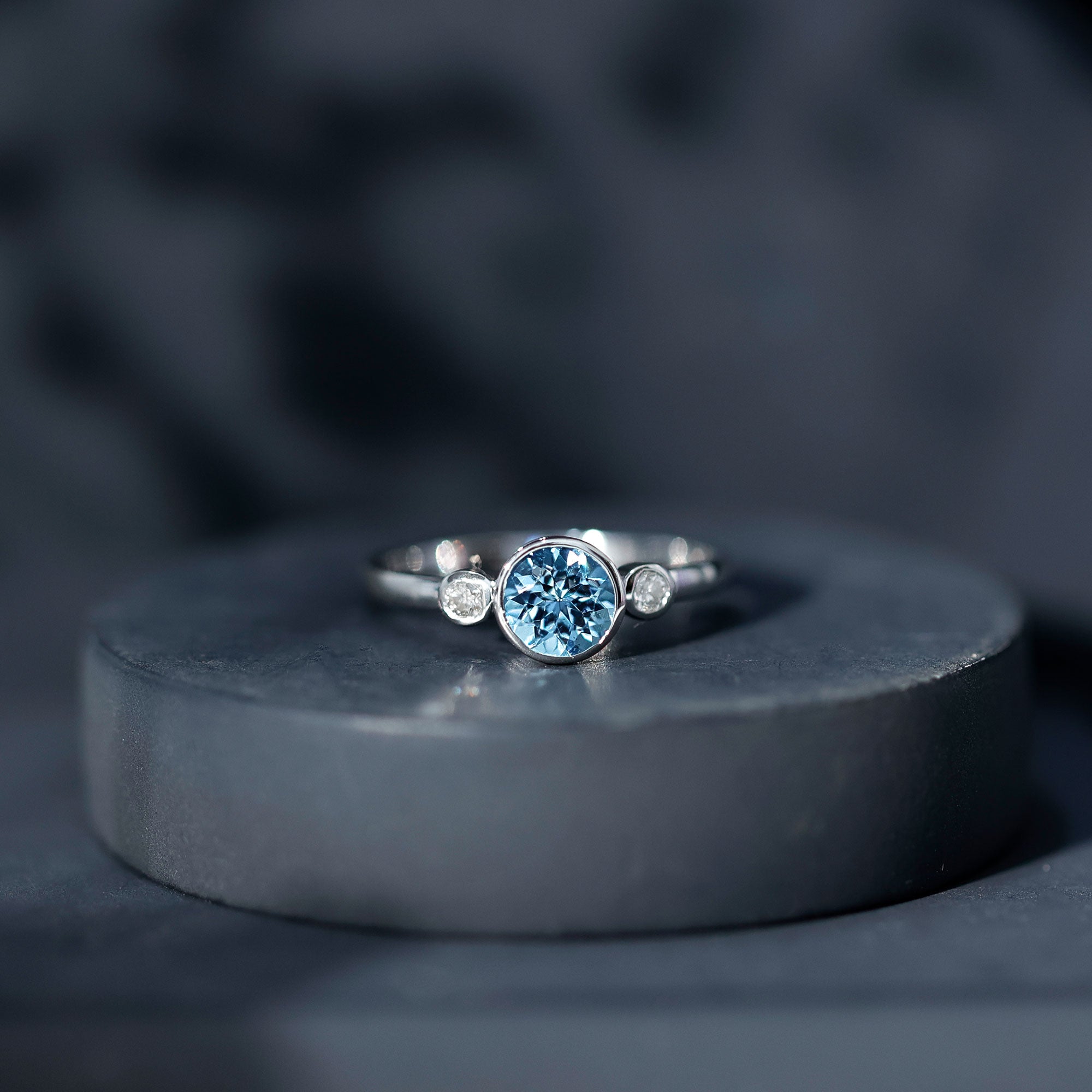 Bezel Set Aquamarine Solitaire Engagement Ring with Diamond AAA - Rosec Jewels