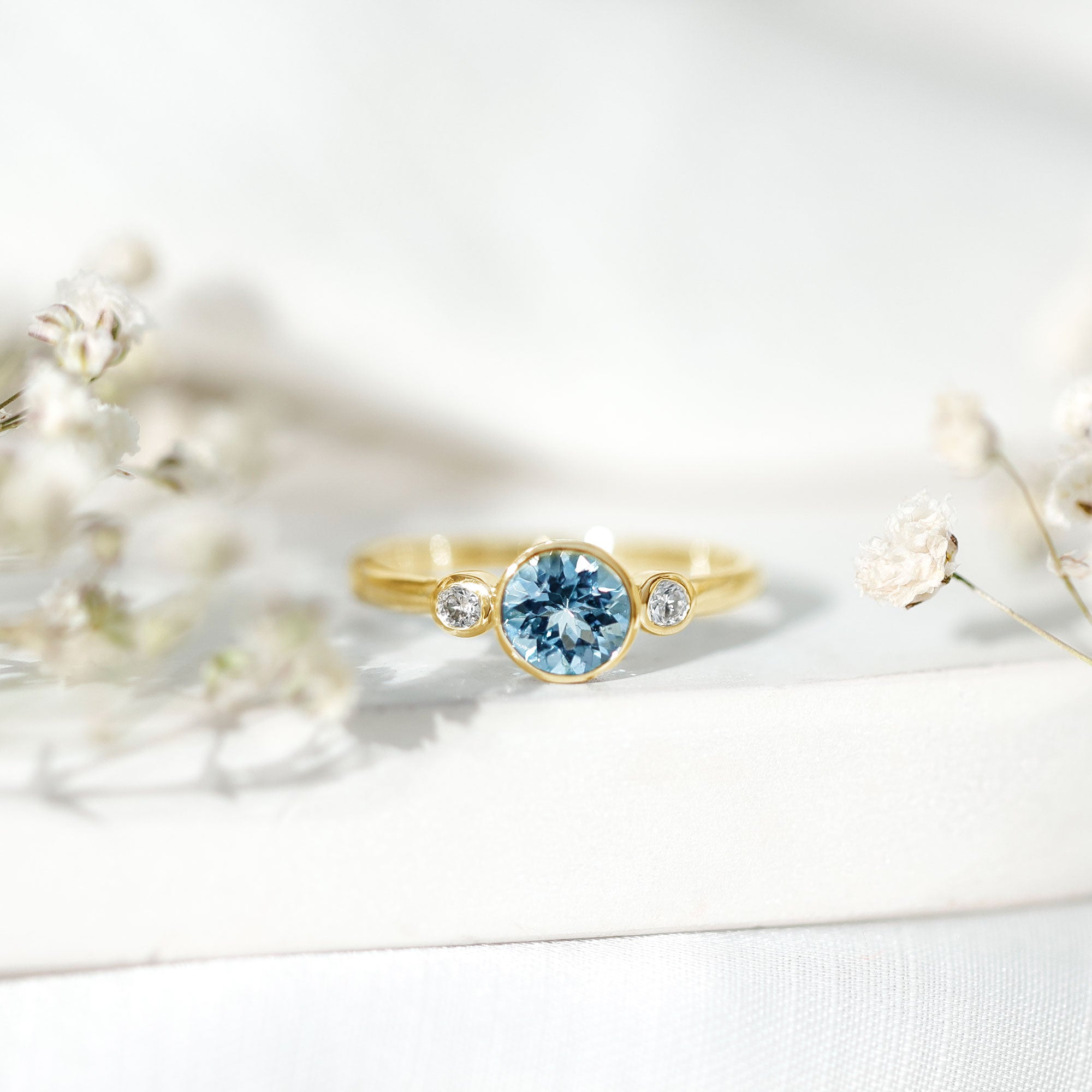 Bezel Set Aquamarine Solitaire Engagement Ring with Diamond AAA - Rosec Jewels