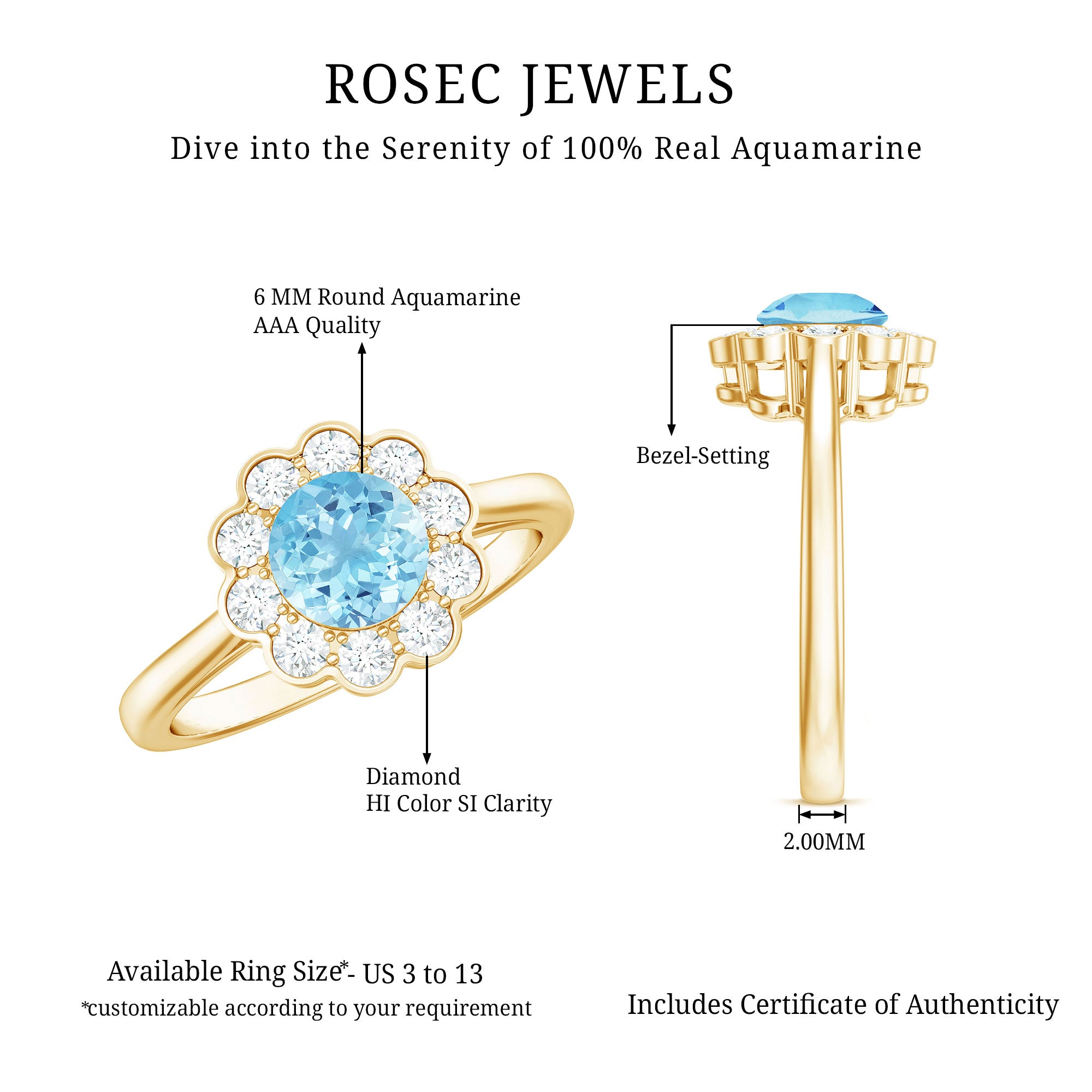 Certified 0.8 Carat Real Aquamarine Engagement Ring with Diamond Flower Halo AAA - Rosec Jewels