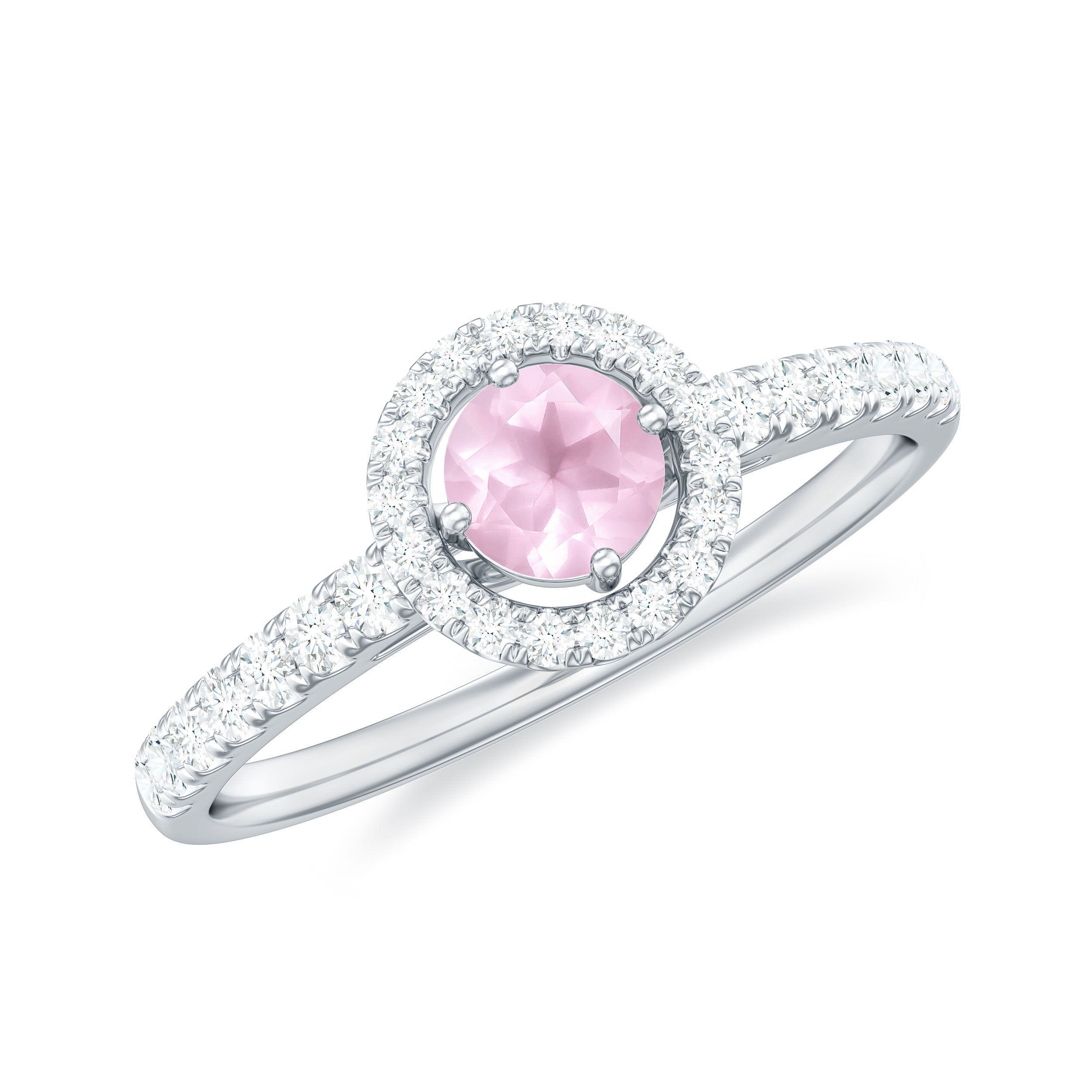 Minimal Rose Quartz Halo Engagement Ring with Diamond Rose Quartz - ( AAA ) - Quality - Rosec Jewels