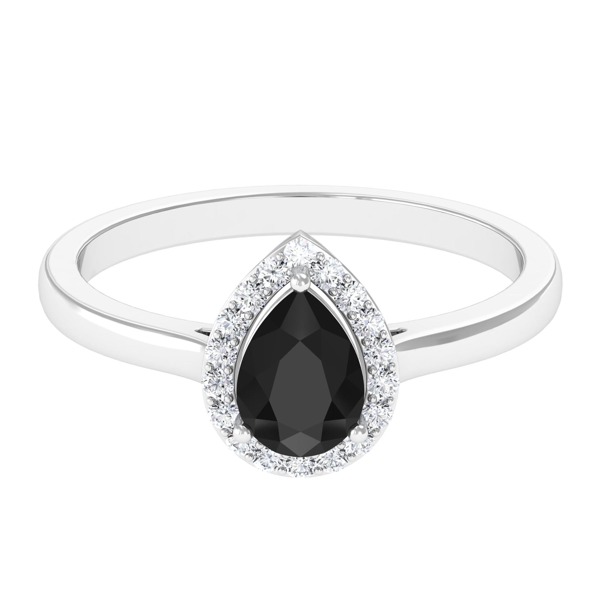 Real Black Spinel Teardrop Engagement Ring With Diamond Halo Black Spinel - ( AAA ) - Quality - Rosec Jewels