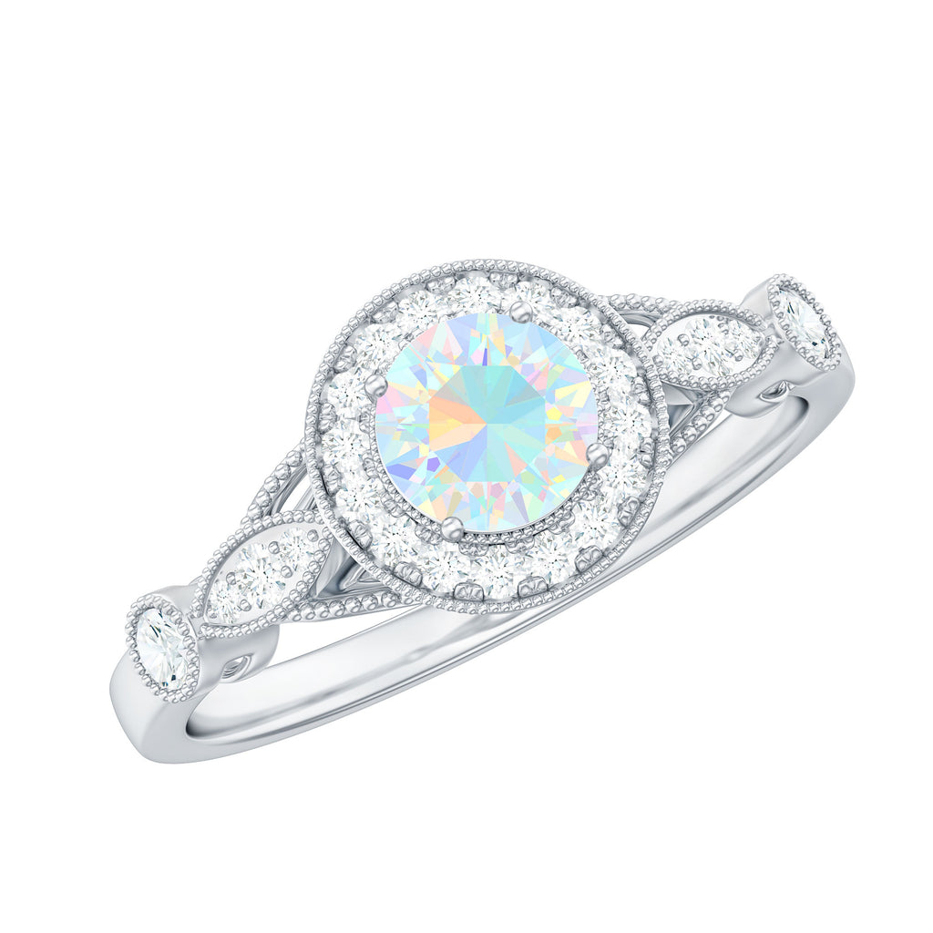 Rosec Jewels-1 CT Antique Ethiopian Opal and Diamond Engagement Ring with Milgrain Details
