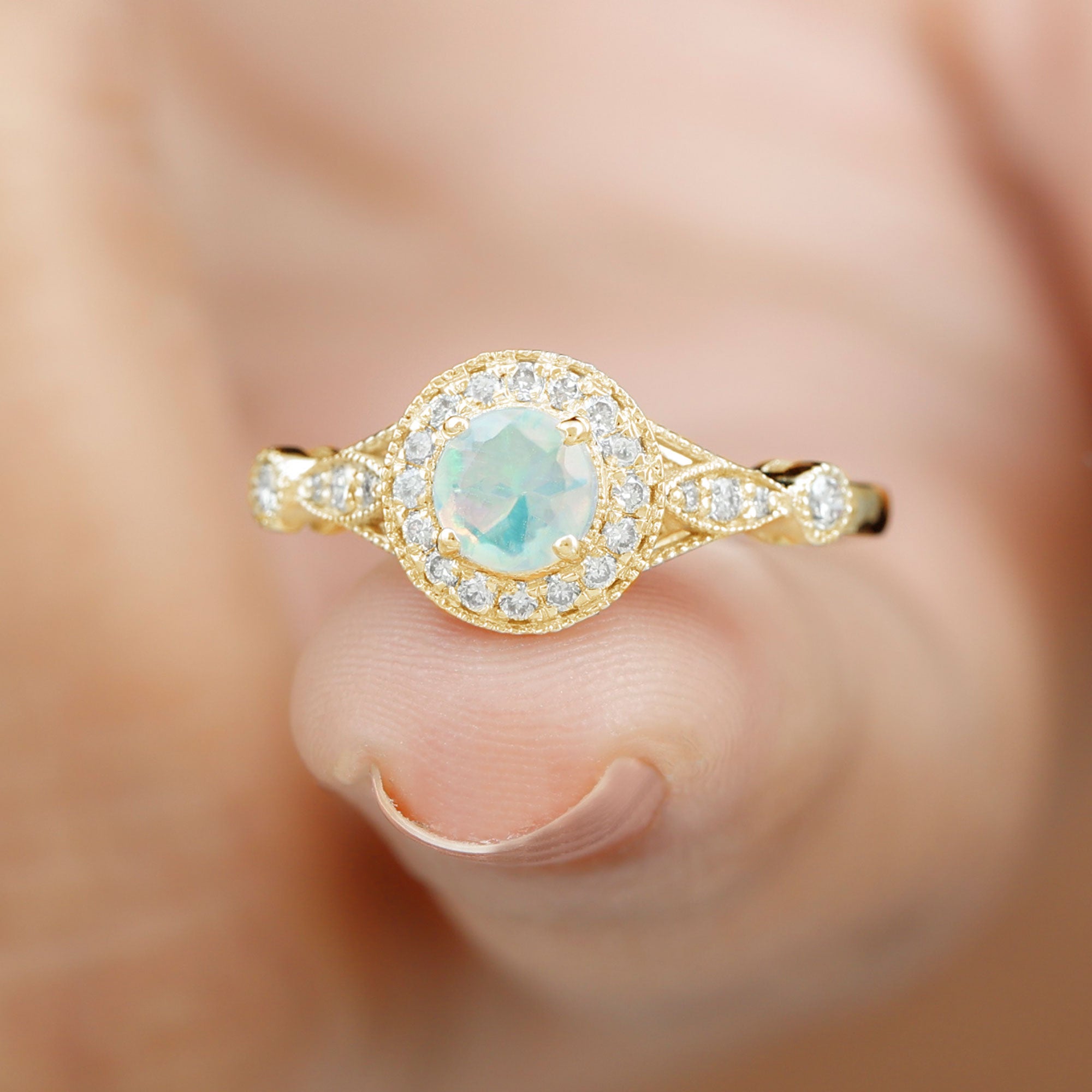1 CT Antique Ethiopian Opal and Diamond Engagement Ring with Milgrain Details Ethiopian Opal - ( AAA ) - Quality - Rosec Jewels