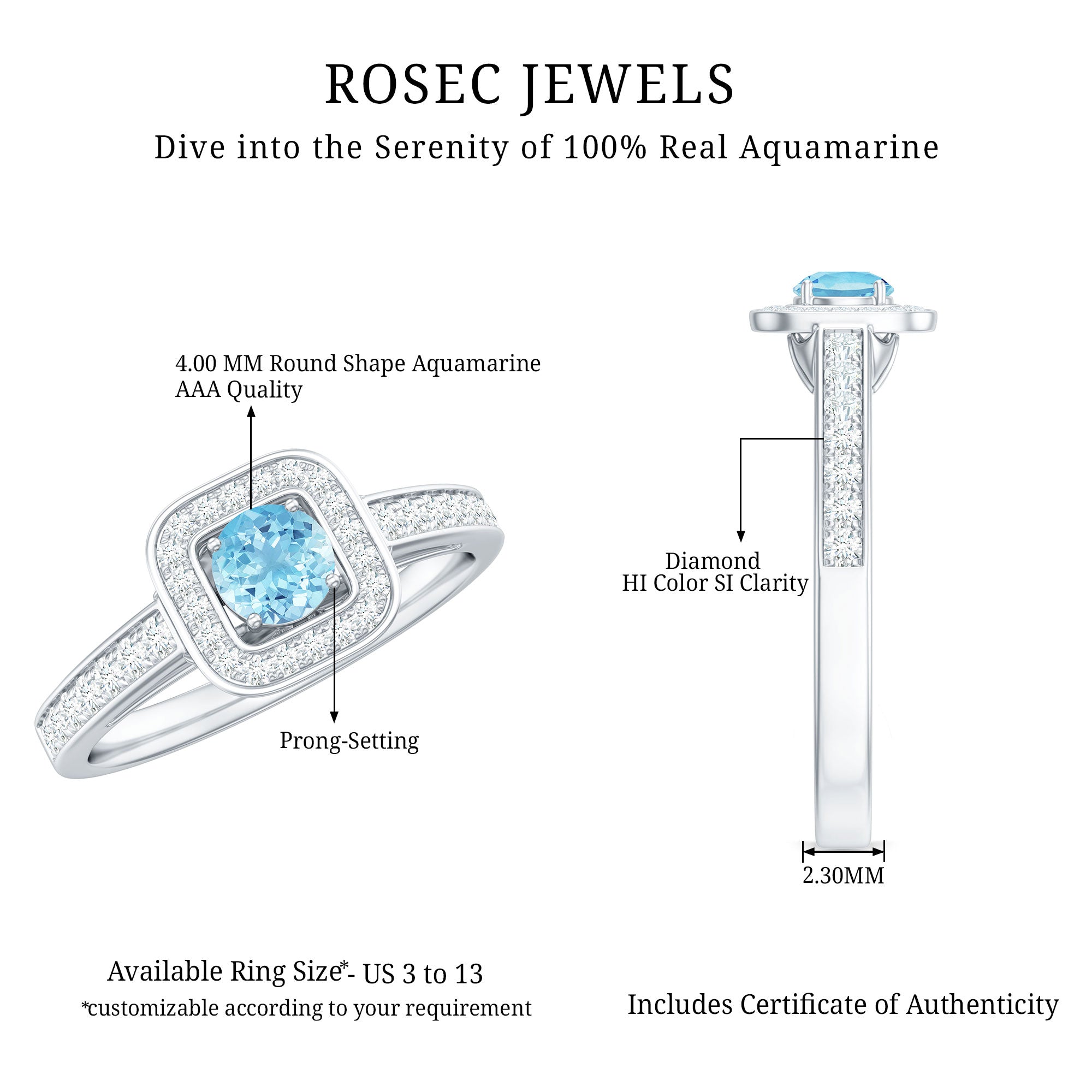 Rosec Jewels-Vintage Looking Aquamarine and Diamond Halo Engagement Ring for Women