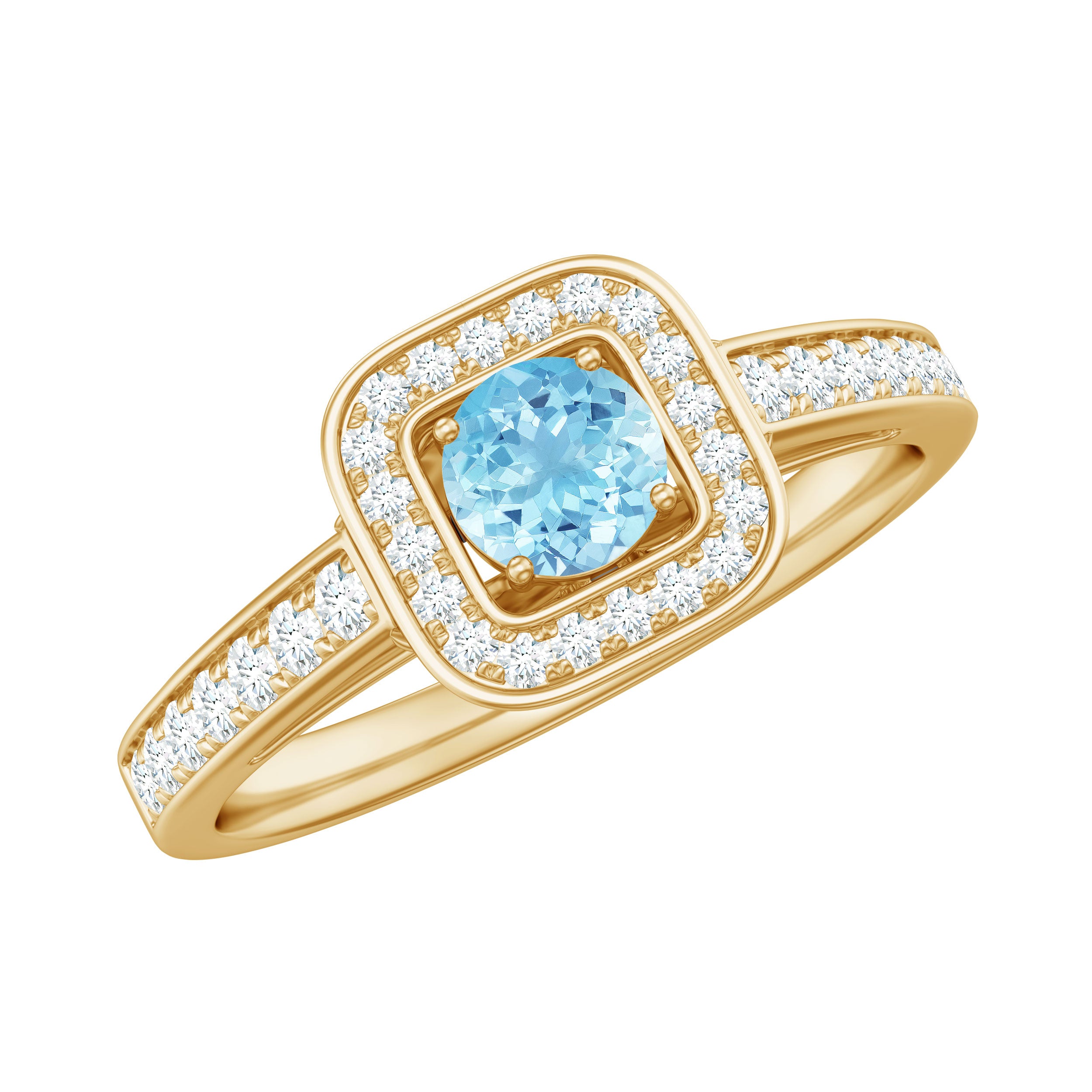Rosec Jewels-Vintage Looking Aquamarine and Diamond Halo Engagement Ring for Women