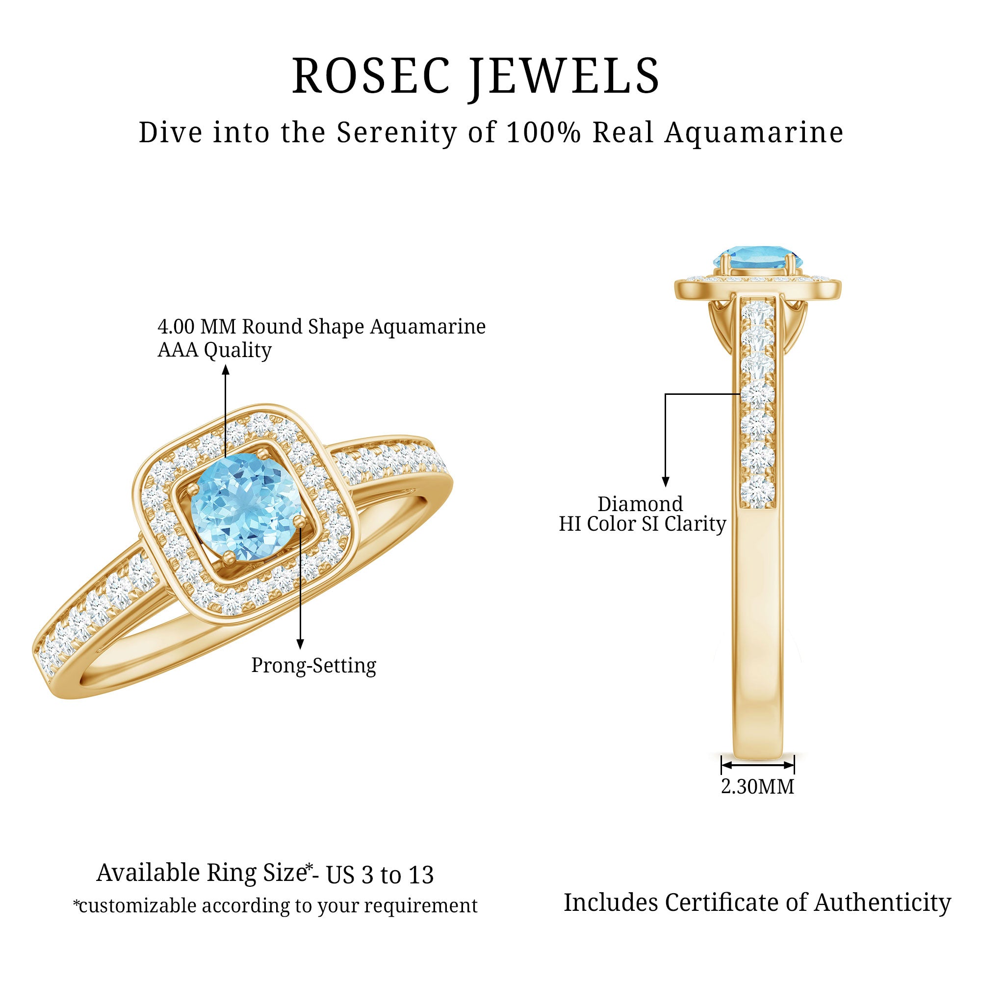 Rosec Jewels-Vintage Looking Aquamarine and Diamond Halo Engagement Ring for Women