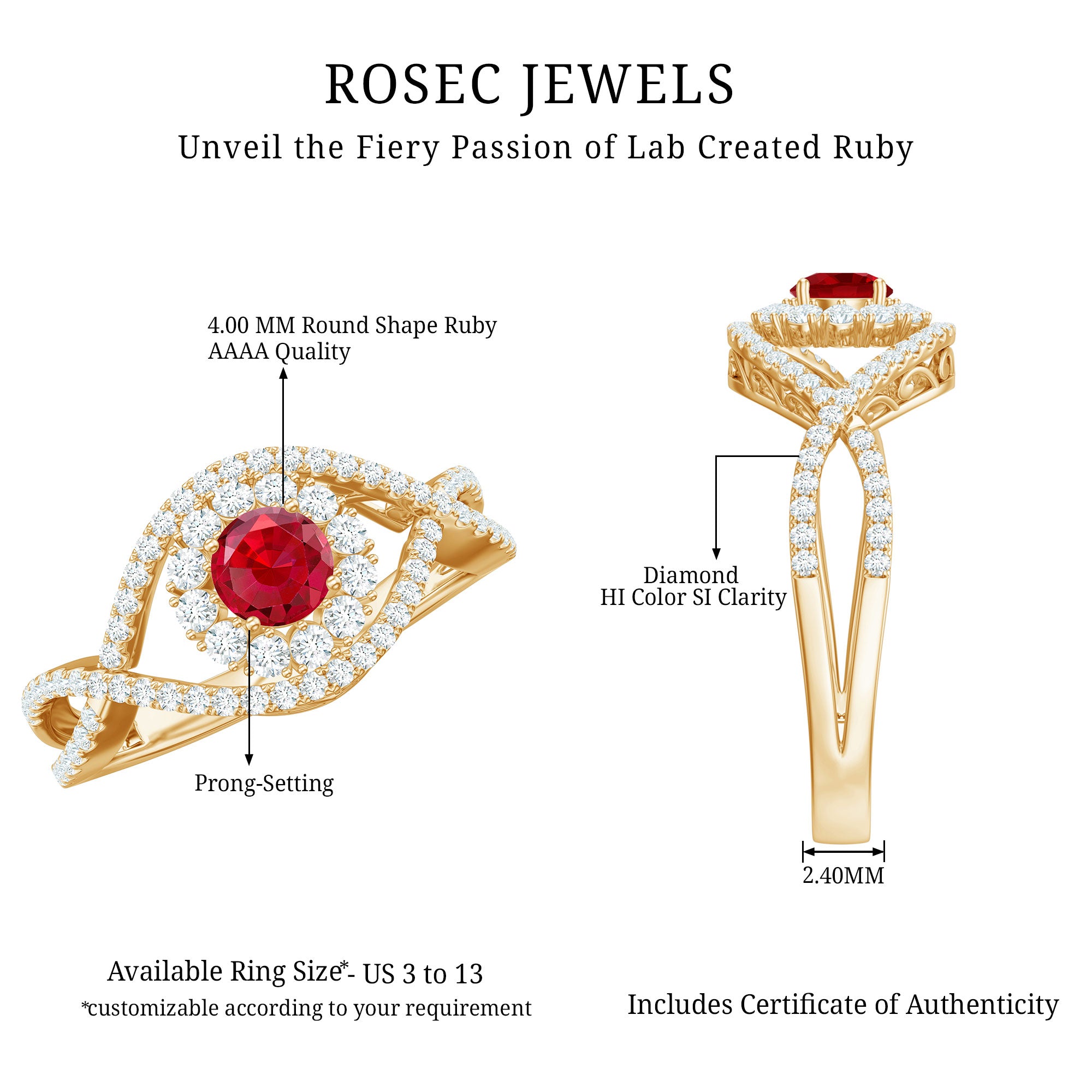 Certified Lab Ruby and Diamond Crossover Engagement Ring with Halo AAAA - Rosec Jewels