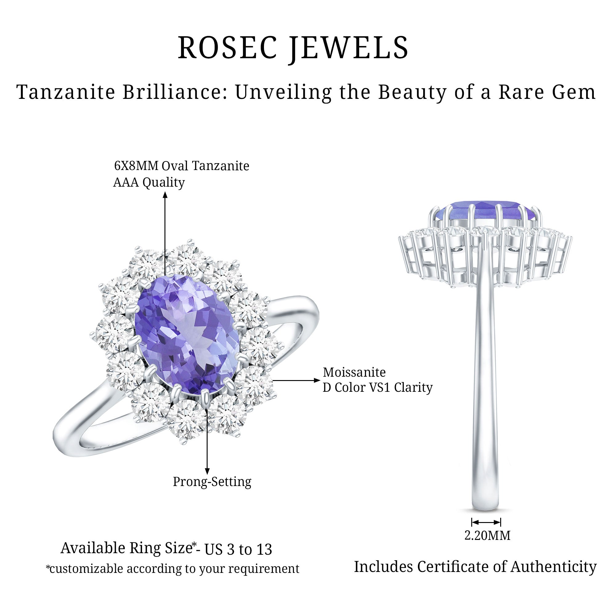Genuine 1.3 Carat Oval Cut Tanzanite Huge Engagement Ring in Silver AAA 92.5 Sterling Silver - Rosec Jewels