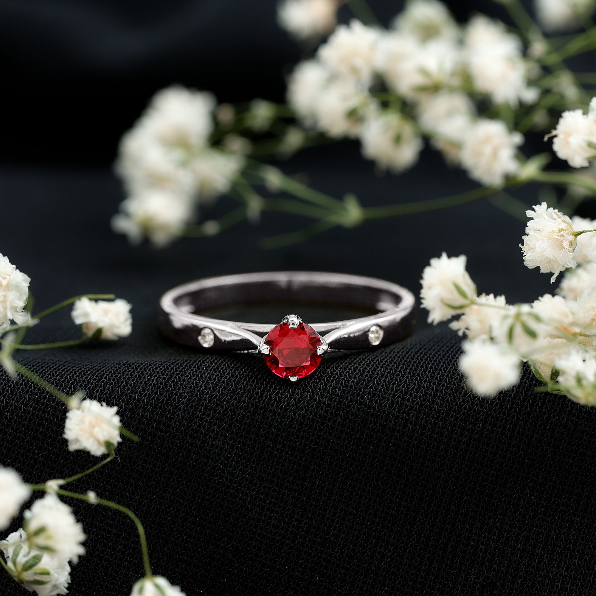 Rosec Jewels-Round Lab Grown Ruby Solitaire Ring with Diamond