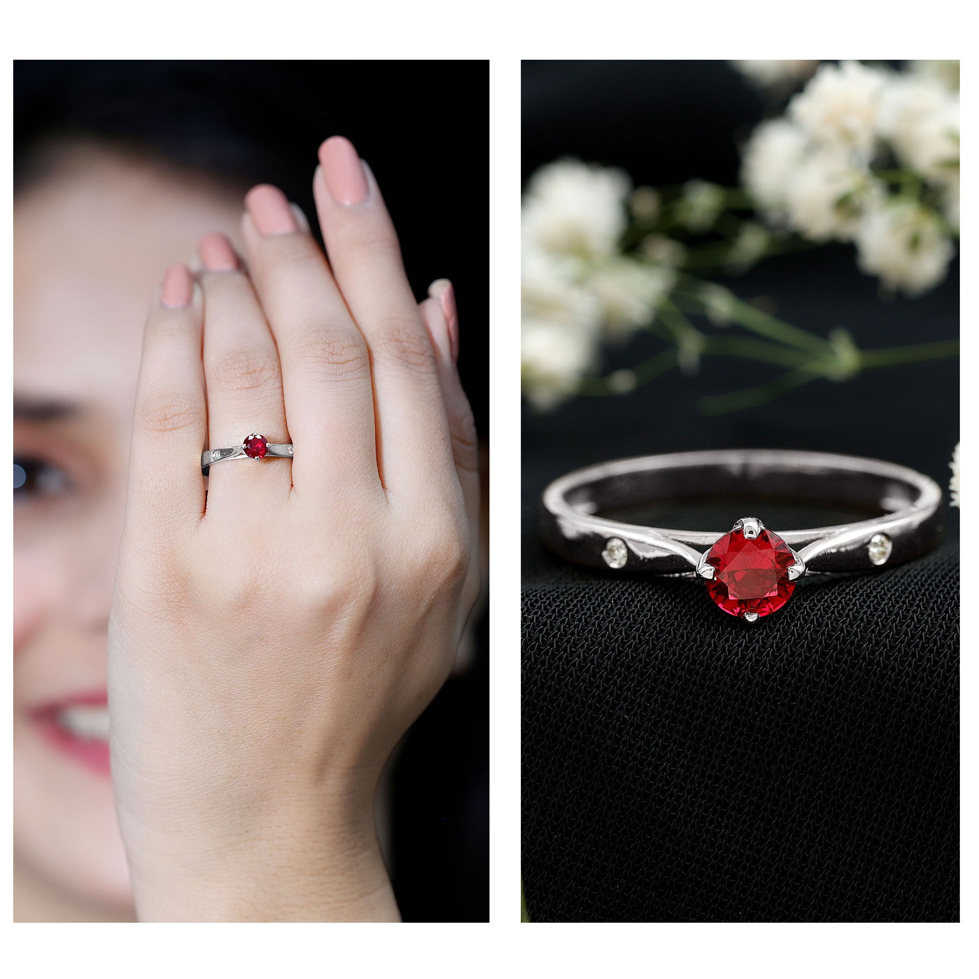 Rosec Jewels-Round Lab Grown Ruby Solitaire Ring with Diamond