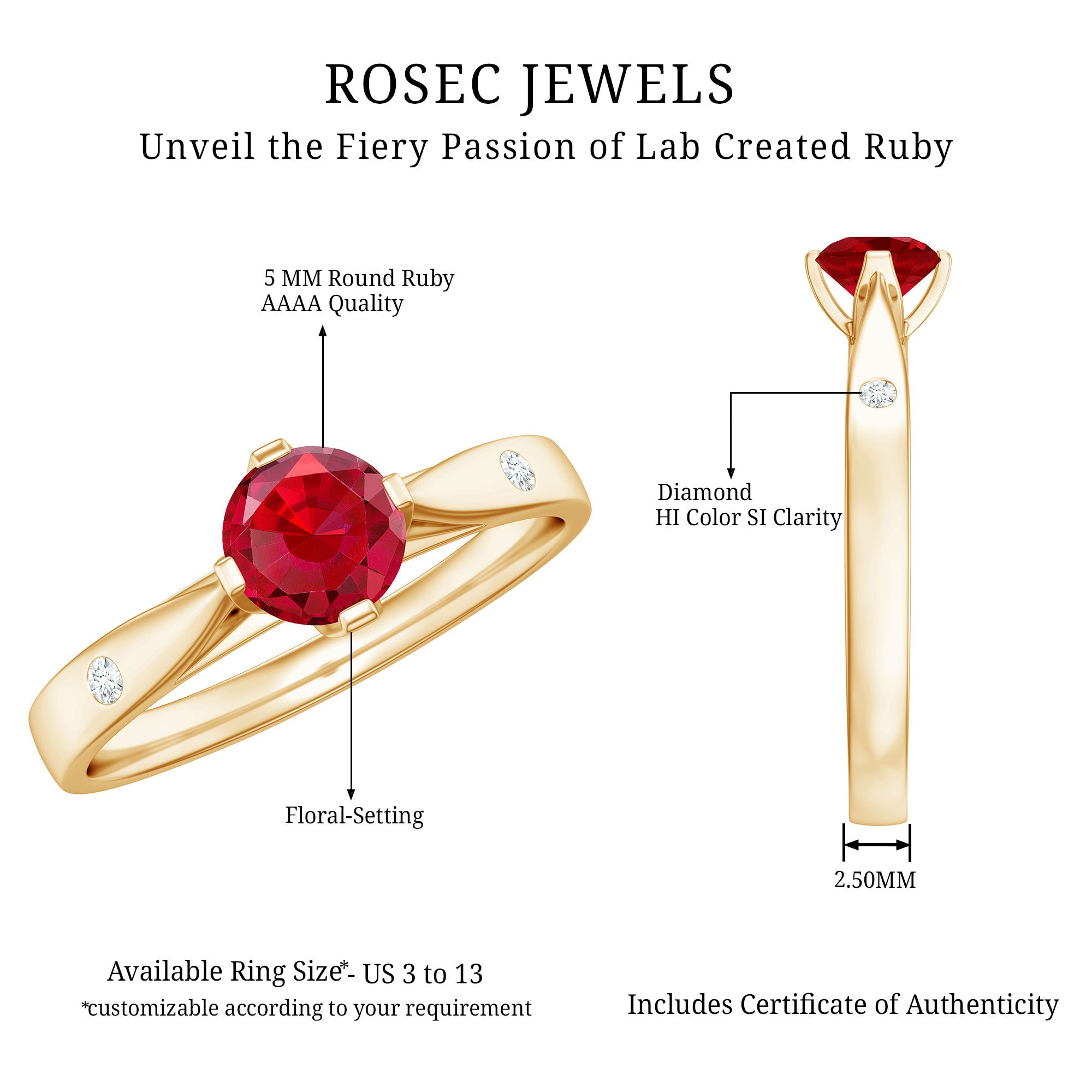Rosec Jewels-Round Lab Grown Ruby Solitaire Ring with Diamond
