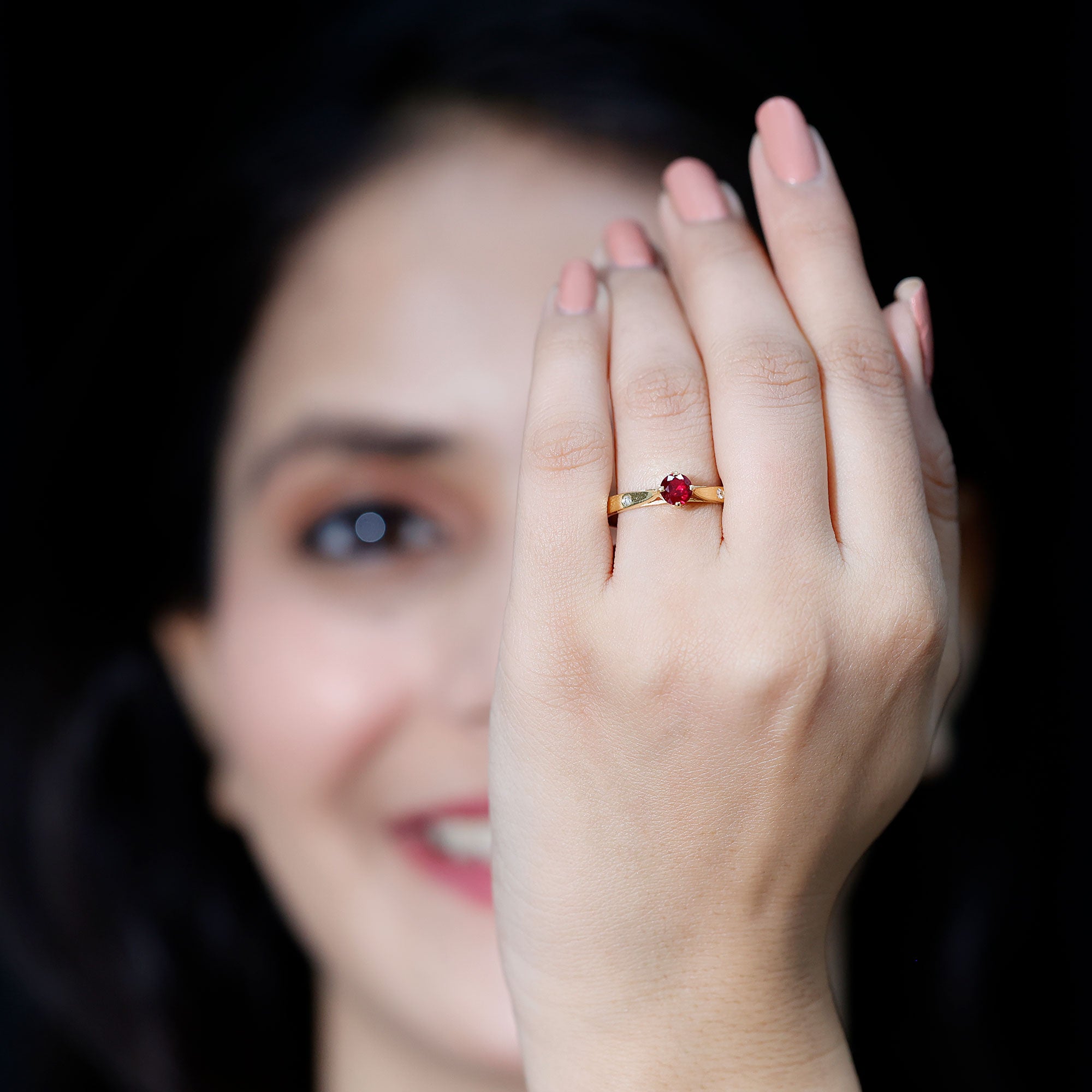 Rosec Jewels-Round Lab Grown Ruby Solitaire Ring with Diamond