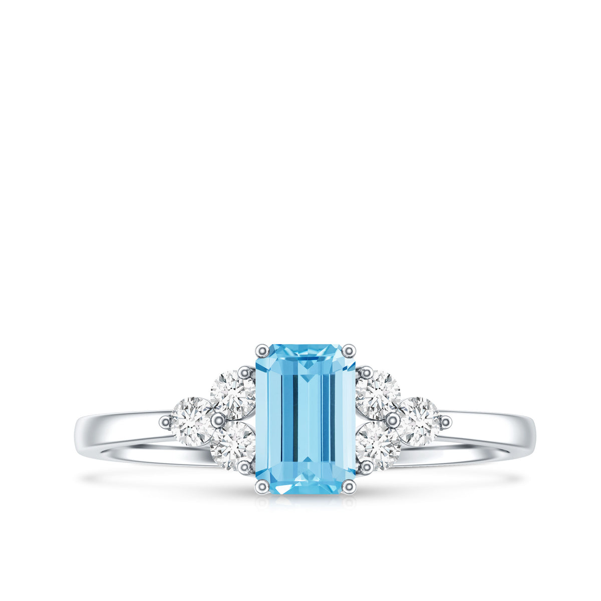 Aquamarine Emerald Cut Engagement Ring with Diamond Trio AAA - Rosec Jewels