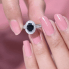 Rosec Jewels-Vintage Inspired Black Onyx Oval Engagement Ring with Diamond Halo