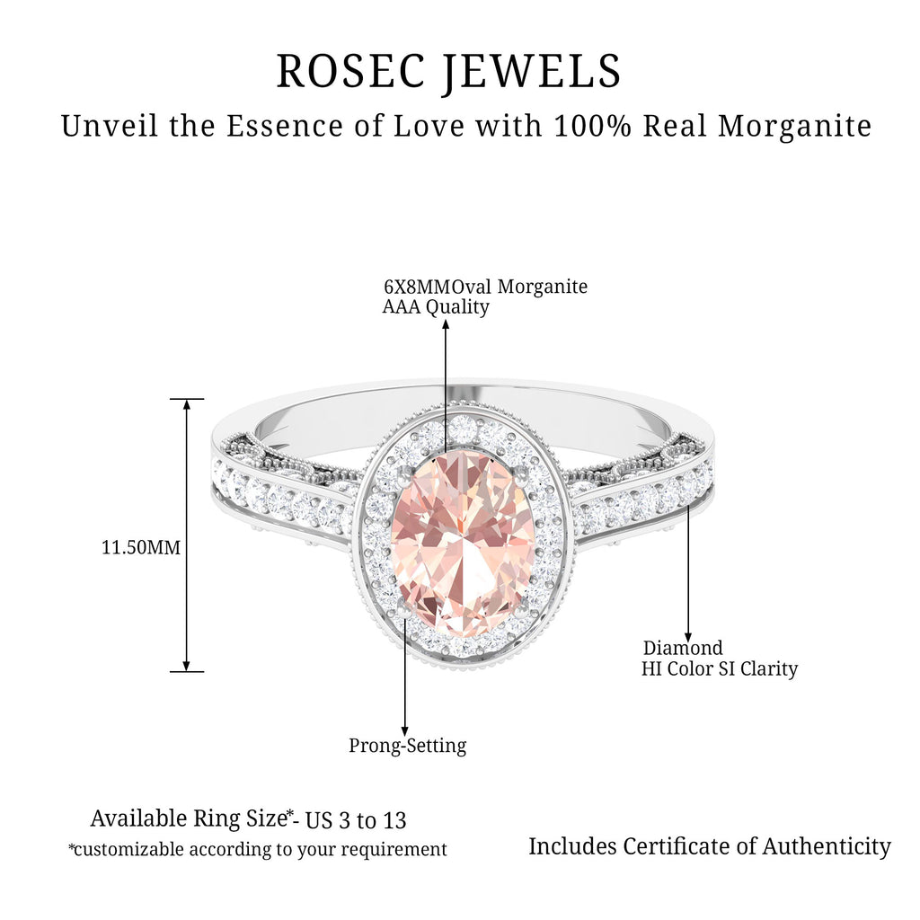 2 CT Morganite Engagement Milgrain Ring with Diamond Accent Morganite - ( AAA ) - Quality - Rosec Jewels