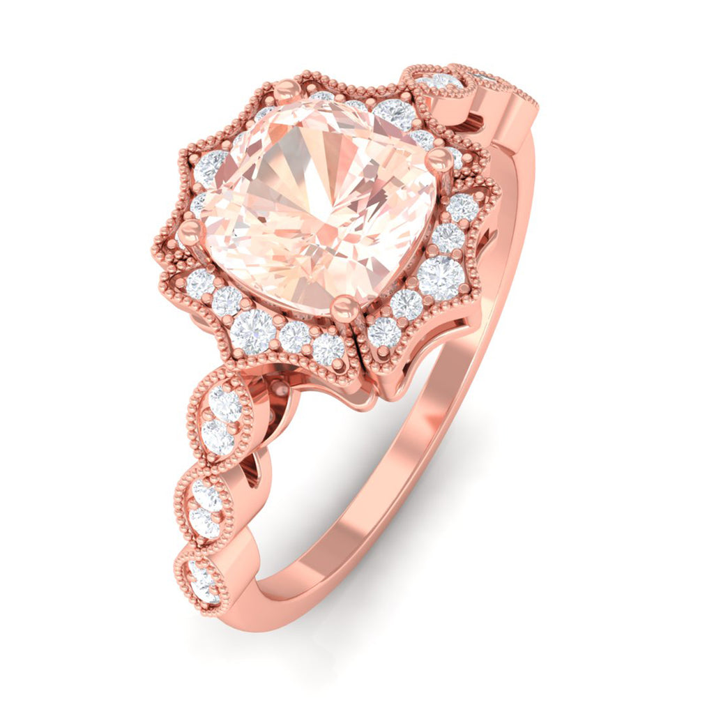 Vintage Inspired Cushion Cut Morganite and Diamond Halo Engagement Ring Morganite - ( AAA ) - Quality - Rosec Jewels