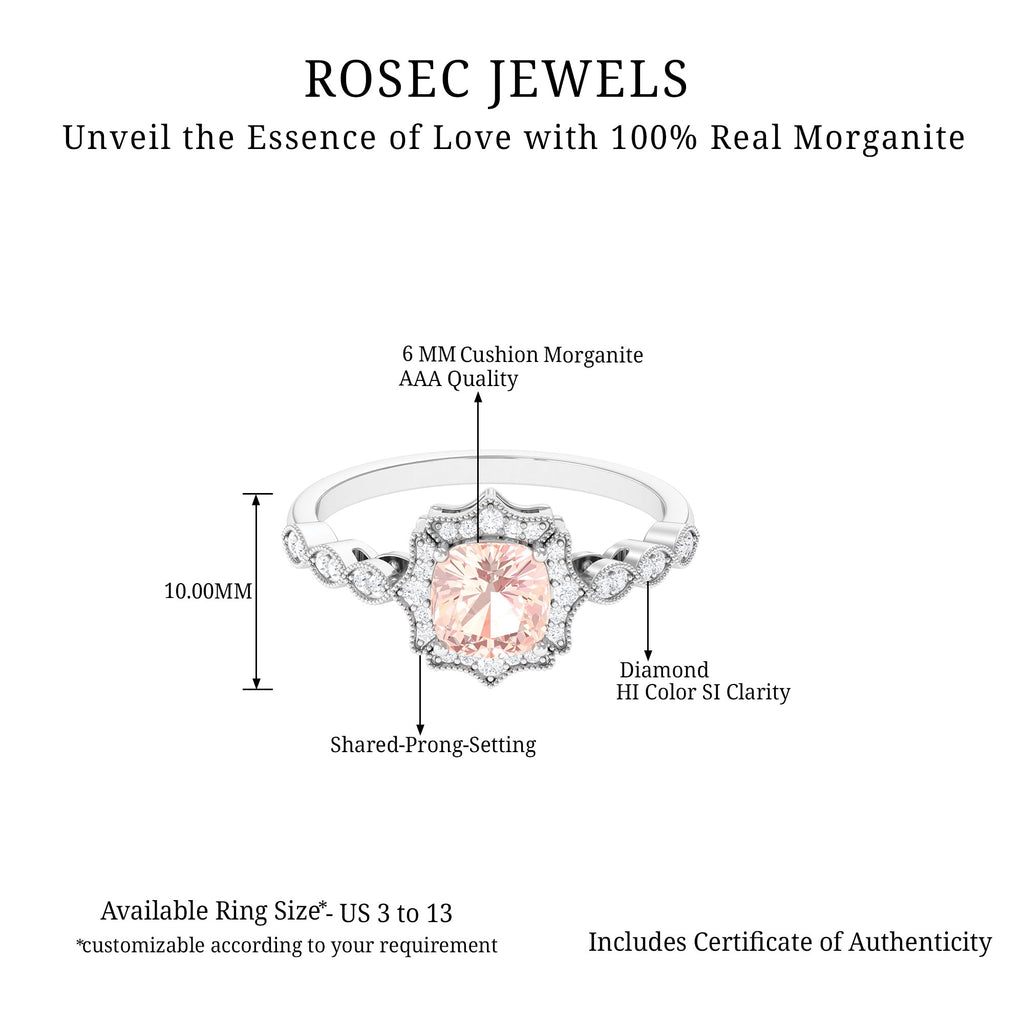 Vintage Inspired Cushion Cut Morganite and Diamond Halo Engagement Ring Morganite - ( AAA ) - Quality - Rosec Jewels