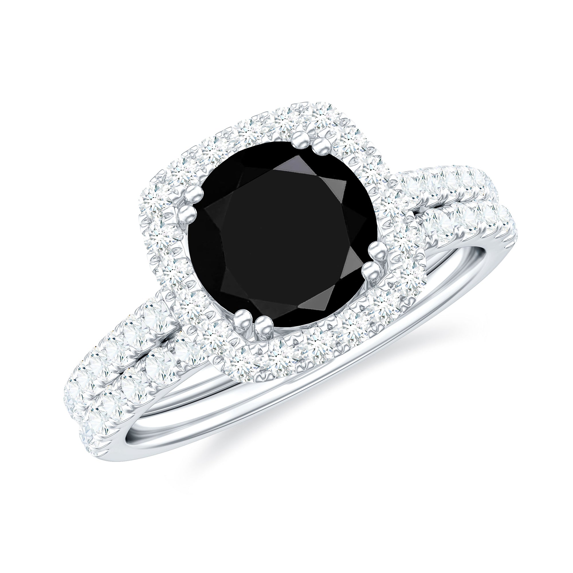 Round Created Black Diamond Classic Halo Ring Set with Moissanite Lab Created Black Diamond - ( AAAA ) - Quality - Rosec Jewels