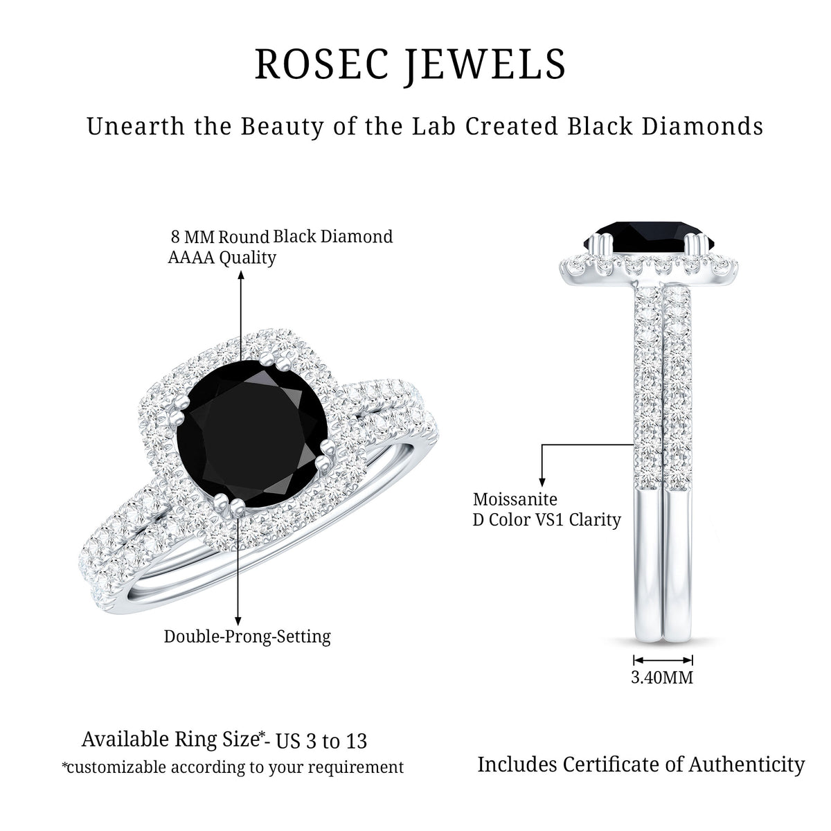 Certified 2 Carat Lab Grown Black Diamond Halo Engagement Ring with Wedding Band AAAA ( Synthetic ) - Rosec Jewels