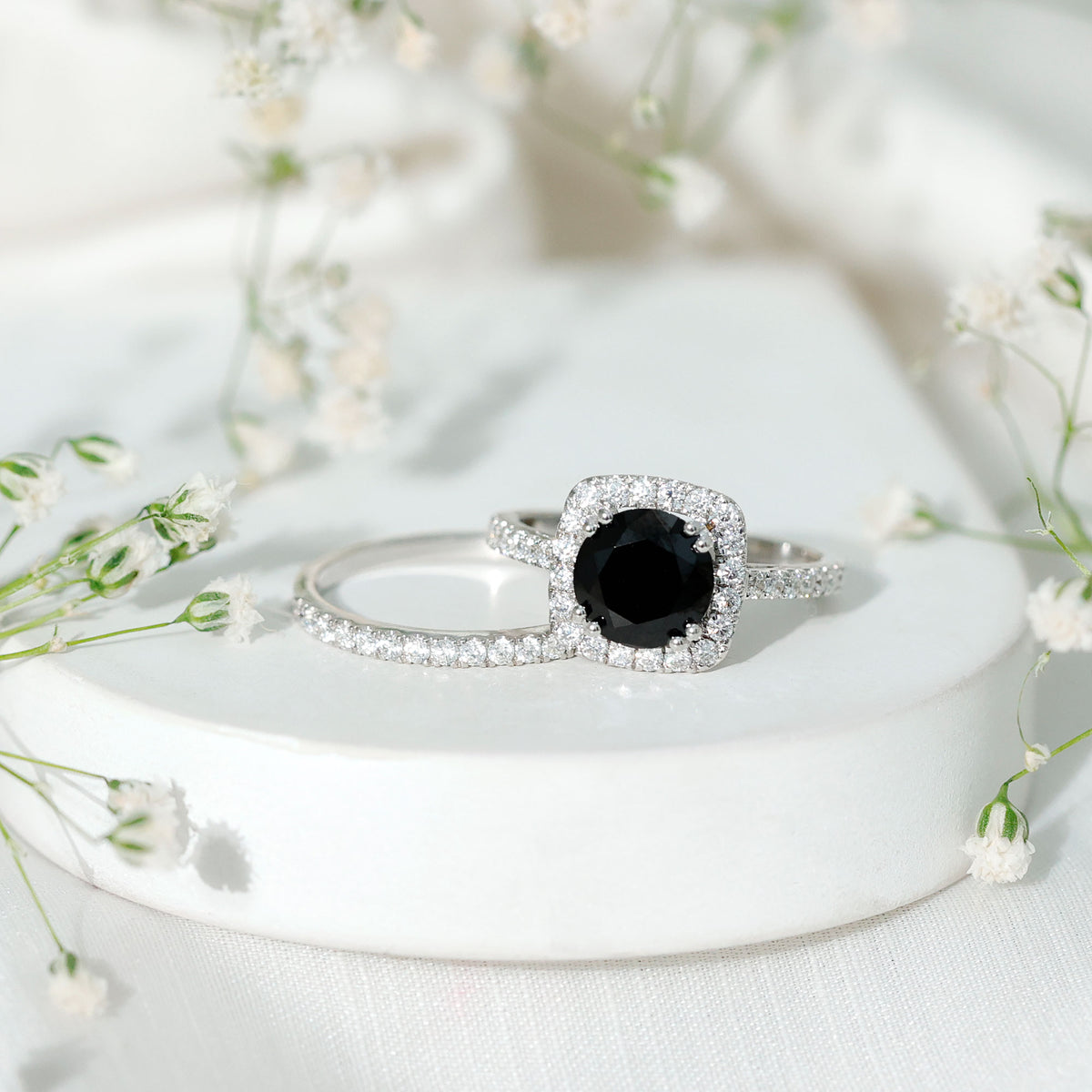 Certified 2 Carat Lab Grown Black Diamond Halo Engagement Ring with Wedding Band AAAA ( Synthetic ) - Rosec Jewels