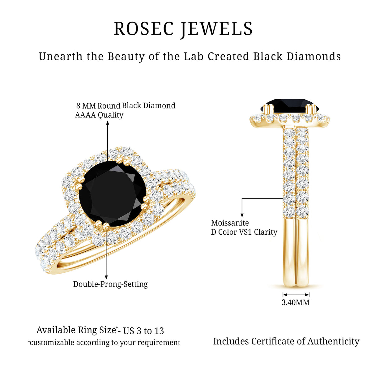 Certified 2 Carat Lab Grown Black Diamond Halo Engagement Ring with Wedding Band AAAA ( Synthetic ) - Rosec Jewels