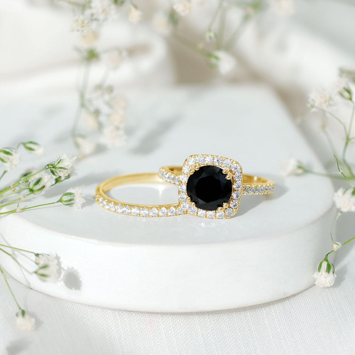 Certified 2 Carat Lab Grown Black Diamond Halo Engagement Ring with Wedding Band AAAA ( Synthetic ) - Rosec Jewels