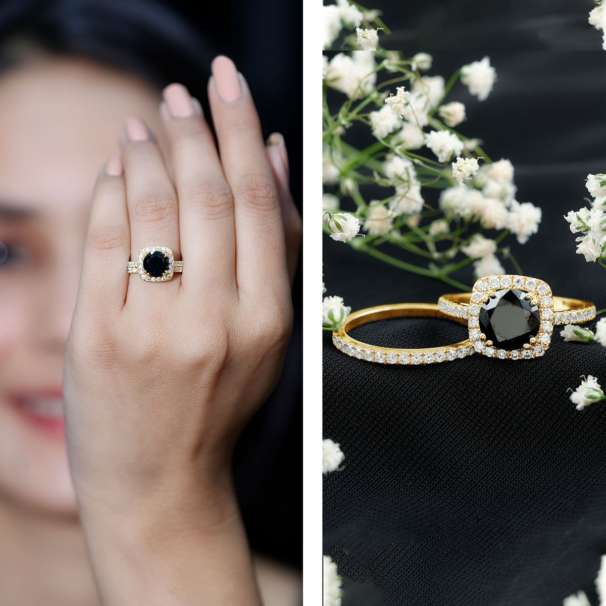 Certified 2 Carat Lab Grown Black Diamond Halo Engagement Ring with Wedding Band AAAA ( Synthetic ) - Rosec Jewels