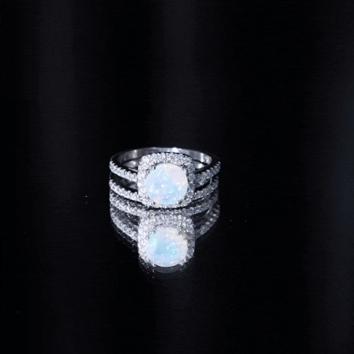 Real Ethiopian Opal Engagement Ring with Moissanite Wedding Band AAA - Rosec Jewels