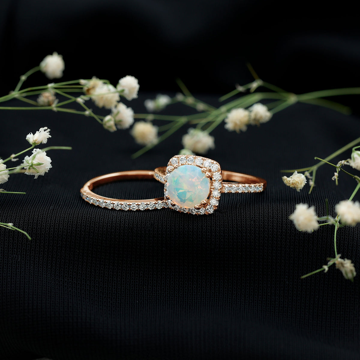 Real Ethiopian Opal Engagement Ring with Moissanite Wedding Band AAA - Rosec Jewels