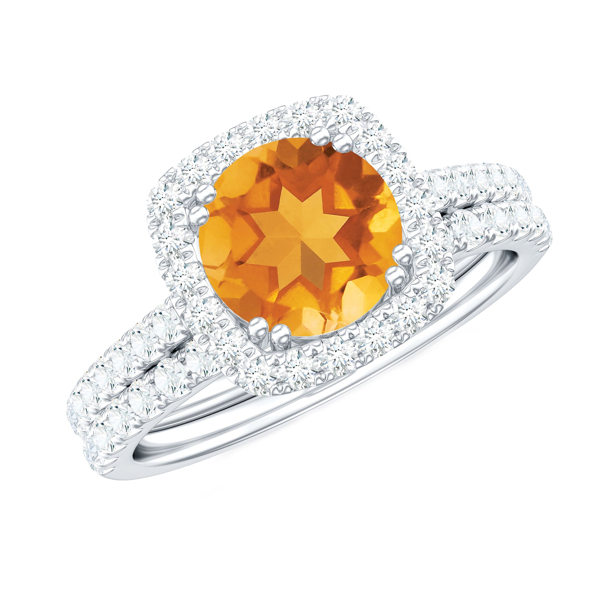 1.2 Carat Citrine Halo Wedding Ring Set with Moissanite AAA - Rosec Jewels