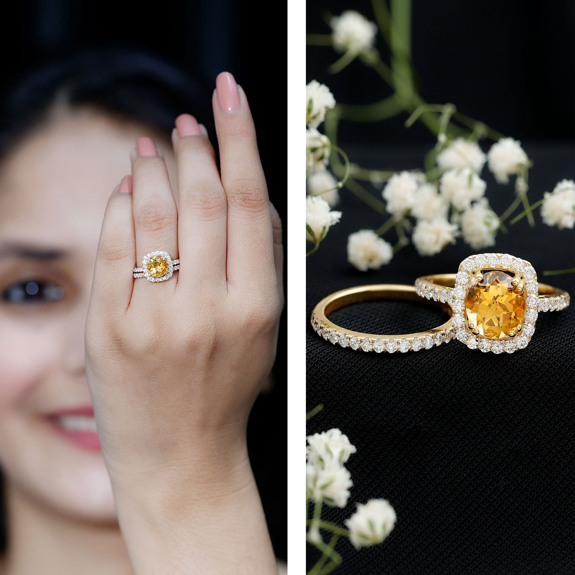 1.2 Carat Citrine Halo Wedding Ring Set with Moissanite AAA - Rosec Jewels