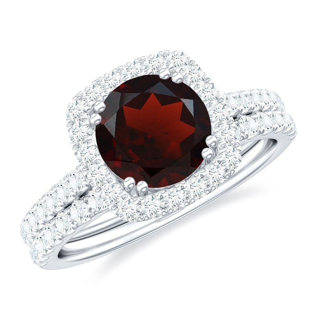 Real Garnet Wedding Ring Set with Diamond Halo Garnet - ( AAA ) - Quality - Rosec Jewels